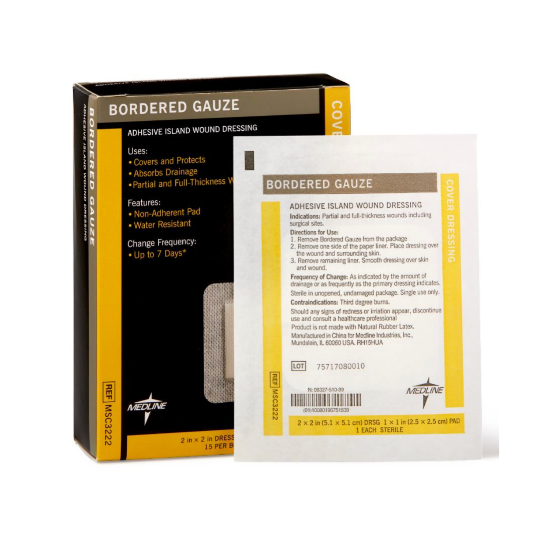 A box and a single packet of Medline Bordered Gauze Adhesive Island Wound Dressings, with a soft, non-adherent pad for comfort, water resistance, and clear instructions on the packet.